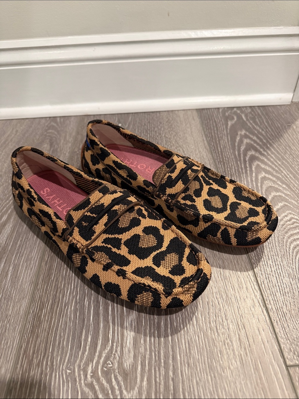 Rothy's Leopard Print Knit Penny Loafers in Tan, Black with Pink Lining - Picture 5 of 5
